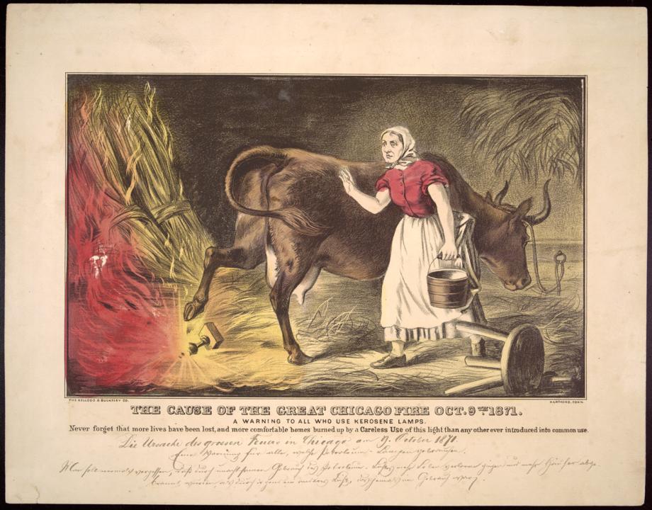 Satirical lithograph showing Mrs. O'Leary's cow kicking over a lantern