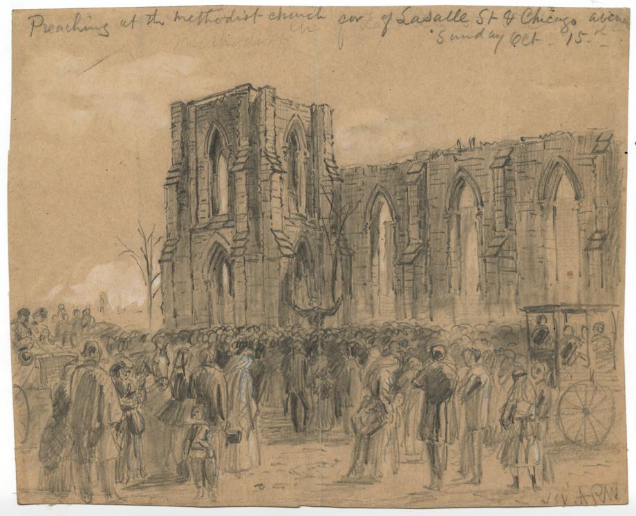 Sketch of preaching at Methodist Church corner of LaSalle and Chicago Avenue